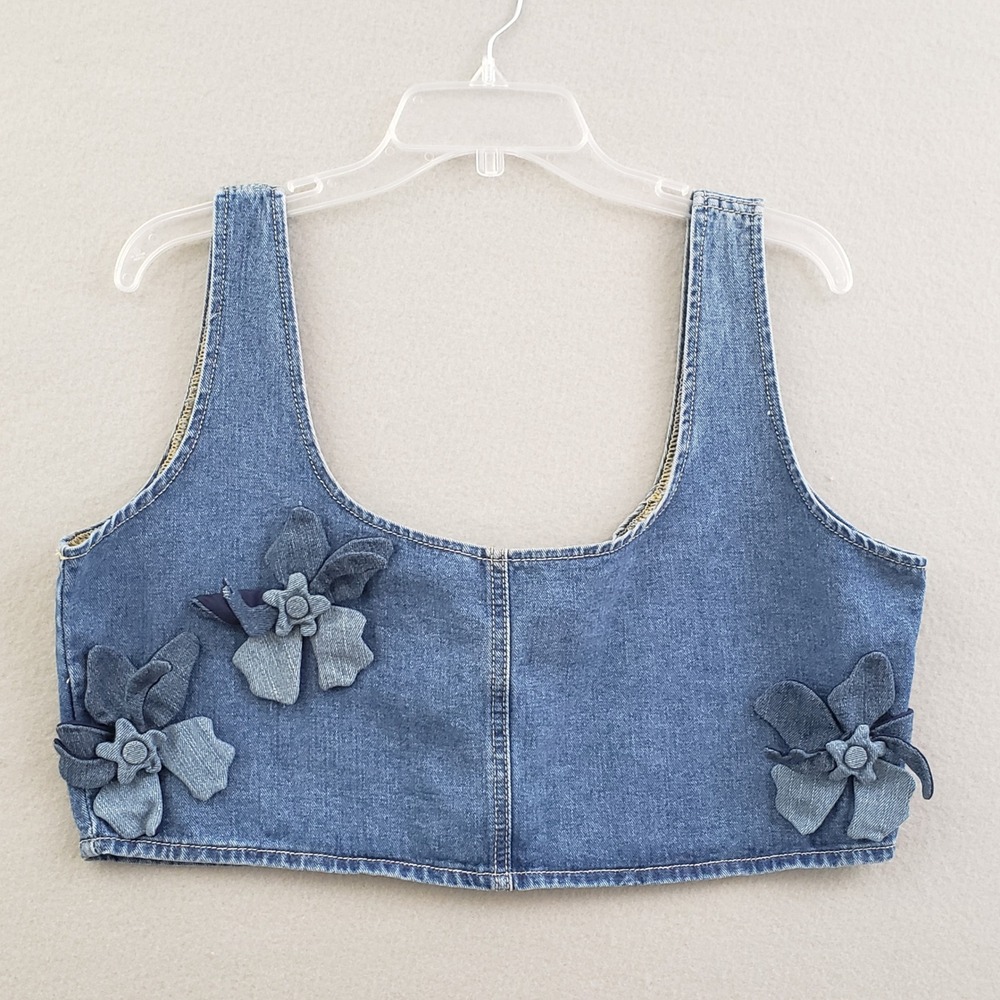 PTCL Ethical Clothing L Denim Raya 3D Floral Crop Blue Zip Boho Y2K Festival